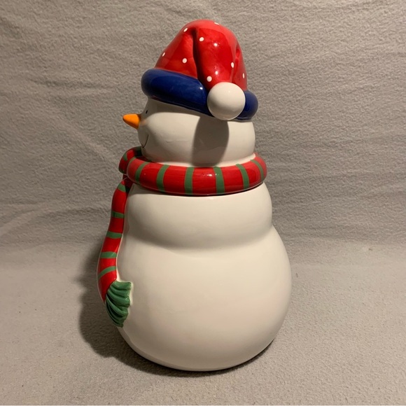 Holiday Snowman Cookie Jar with Santa’s red hat and red/green striped scarf. - Picture 4 of 8